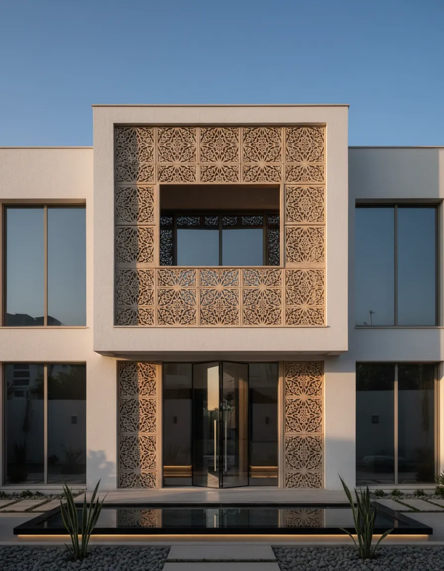 Luxury home elevation with CNC stone jali facade by Aadinath Stonex
