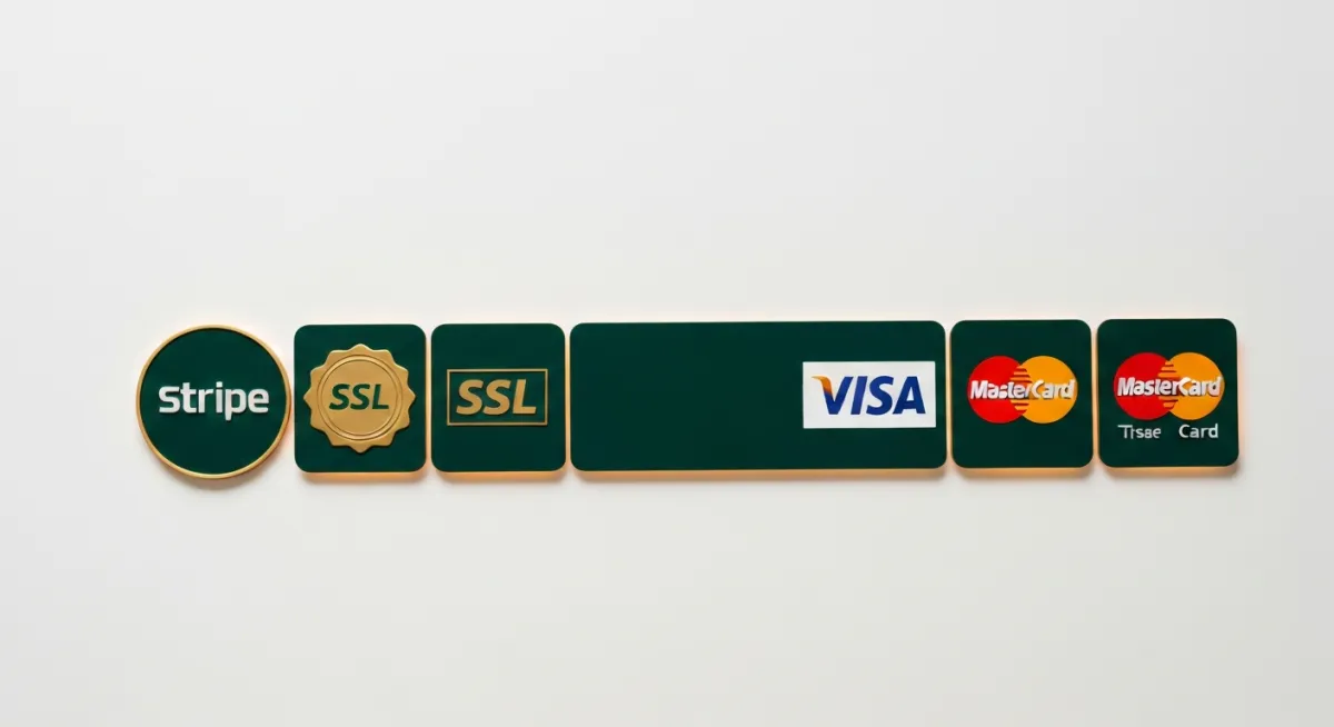 Secure Payment Processing Badges - Stripe, SSL, Visa, Mastercard