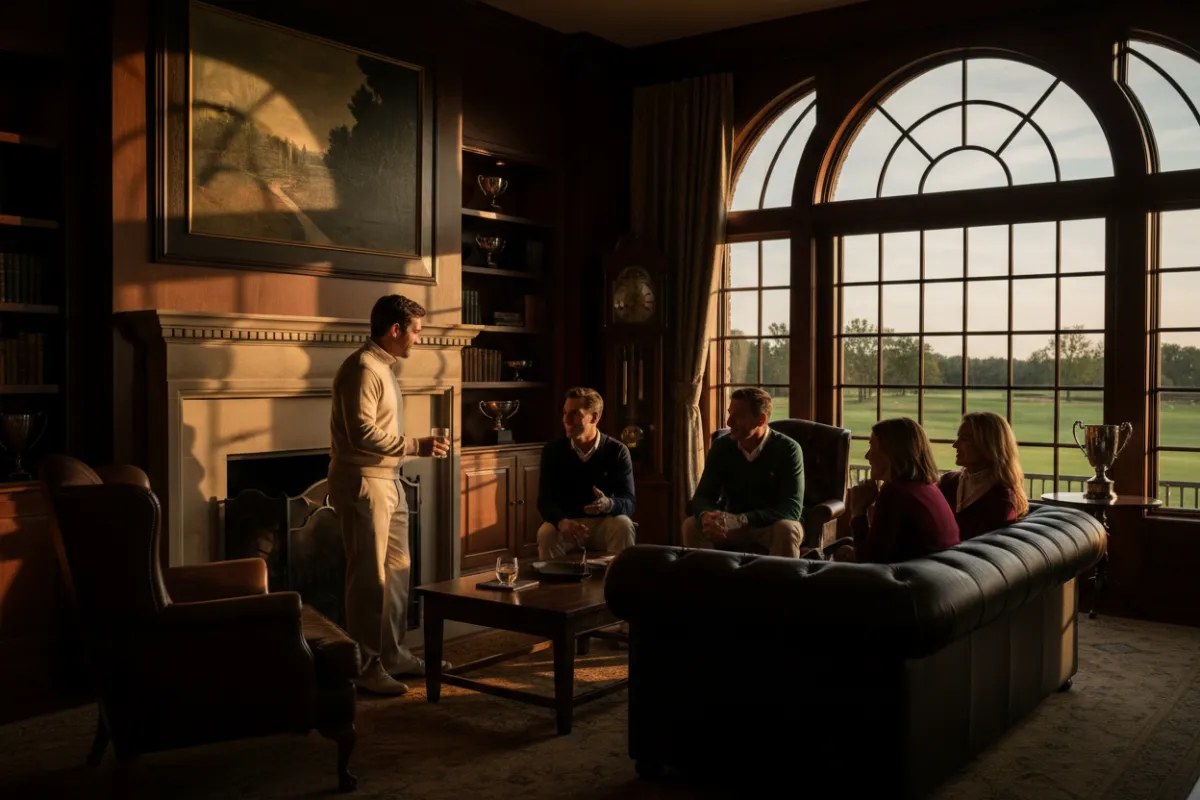 Group of golfers discussing strategy in a clubhouse setting