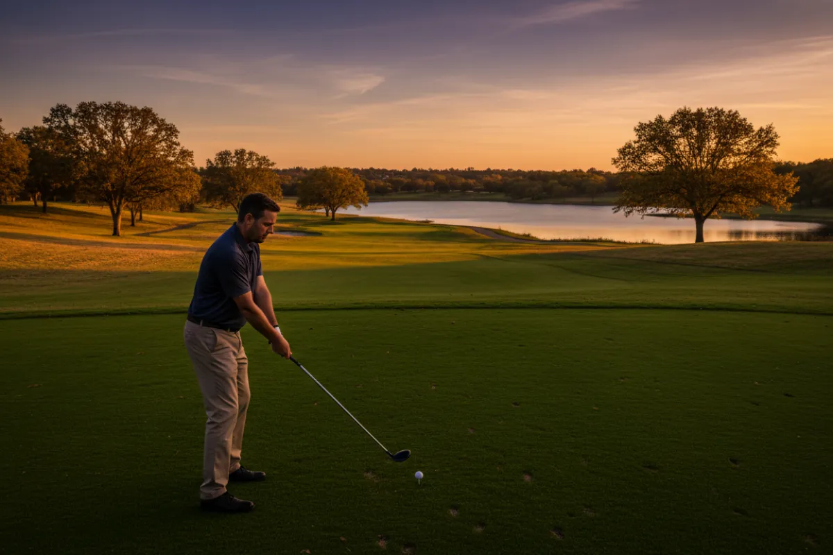 Golden-hour serious golfer preparing for the next shot