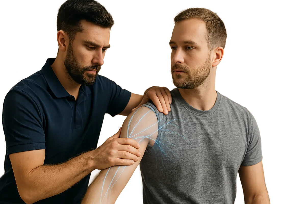 Clinical frame showing a therapist applying visual anatomy