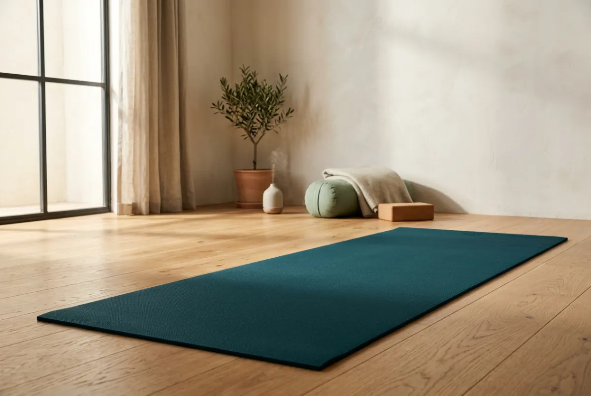 Peaceful mindful movement and somatic stretching flow in sunlit studio