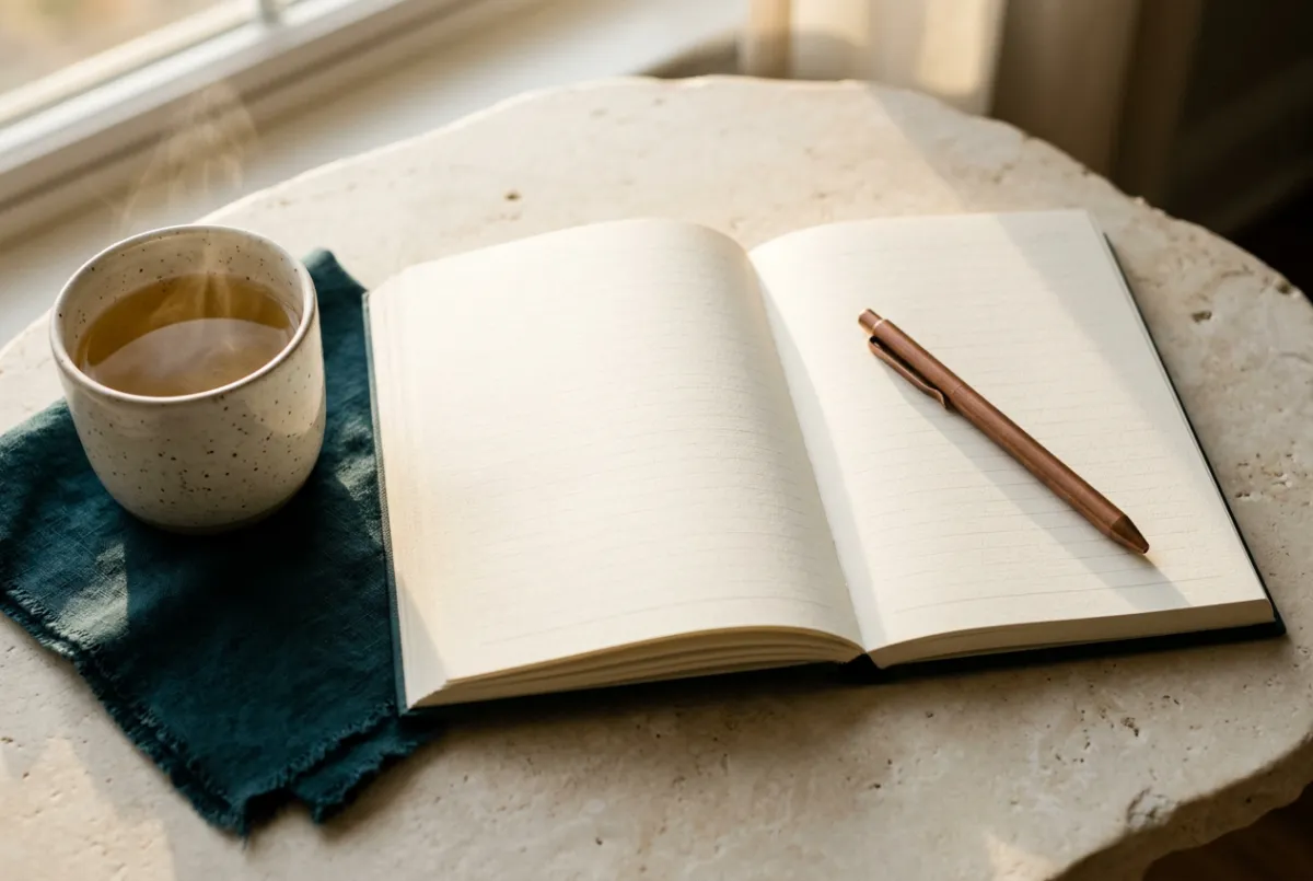 Serene morning journal and mindful daily routine setting with tea