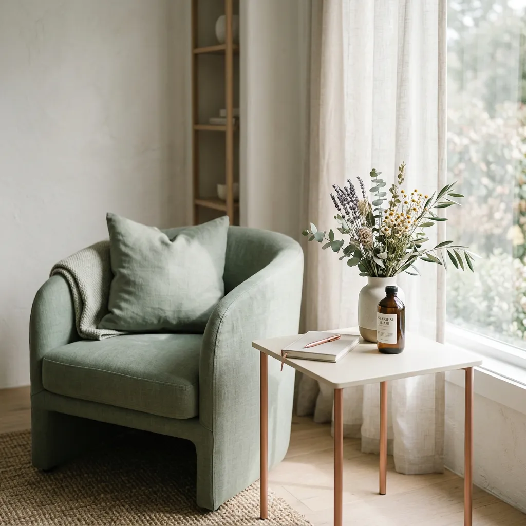 Calm and bright wellness consultation sanctuary with gentle natural lighting and herbal botanical accents