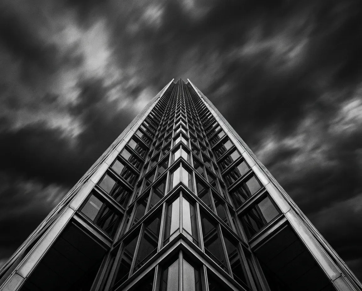 Dramatic low-angle black and white architectural perspective of a soaring geometric glass facade symbolizing disciplined growth