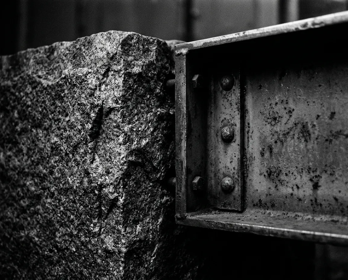 Architectural detail of solid granite monolithic column representing capital stability and defensive foundation