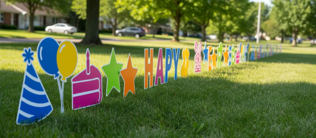 Wide panoramic yard greeting with custom message