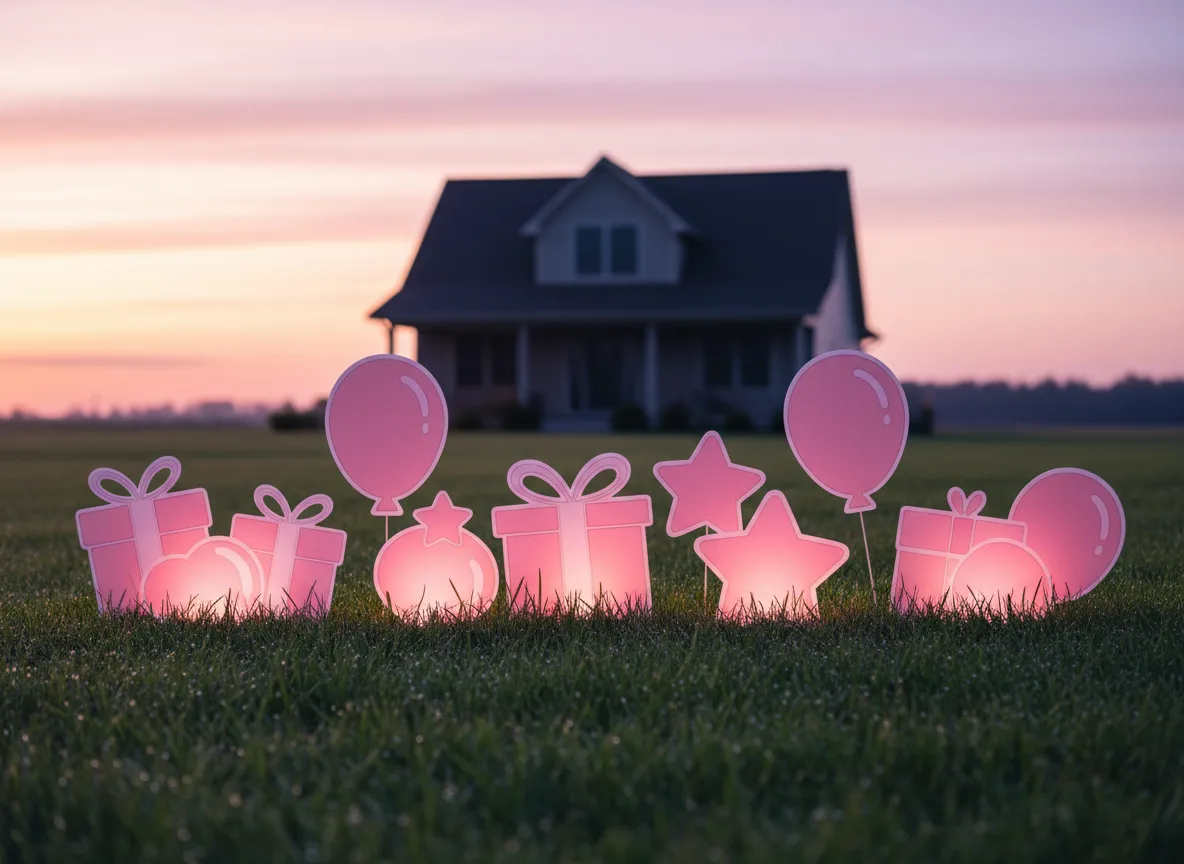 Pink themed birthday yard greeting at sunrise