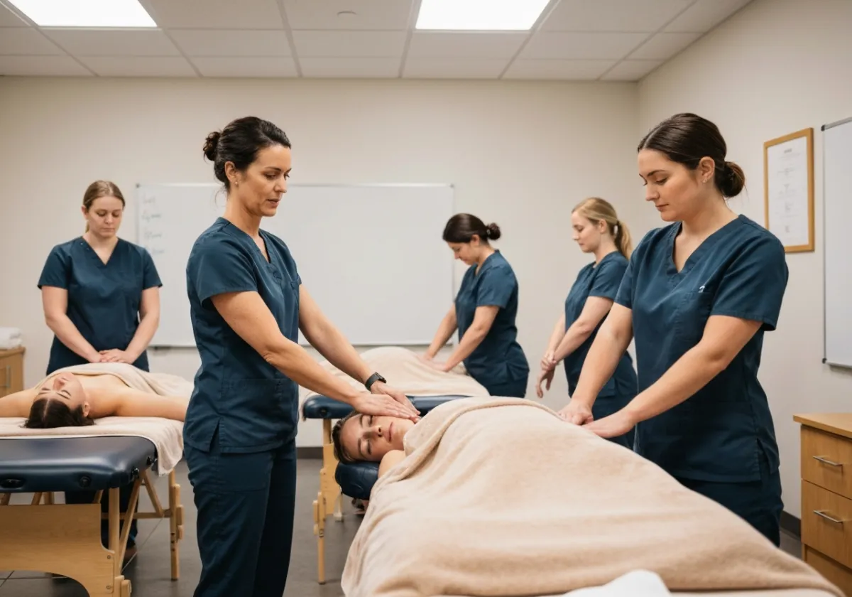 Massage therapy training classroom with instructor supervision