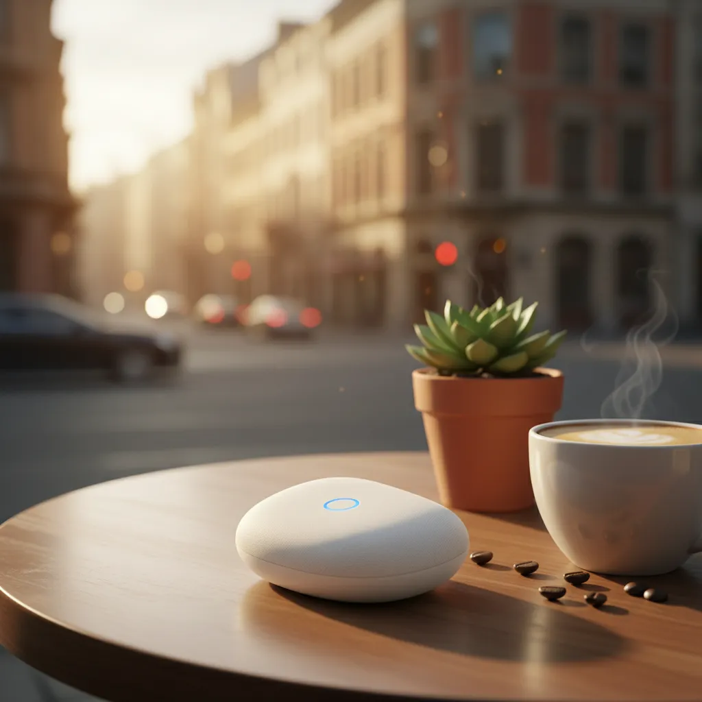 Compact wireless hotspot device on a café table