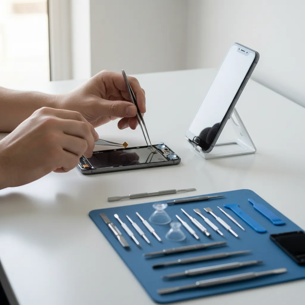 Technician replacing a smartphone screen on a clean white bench