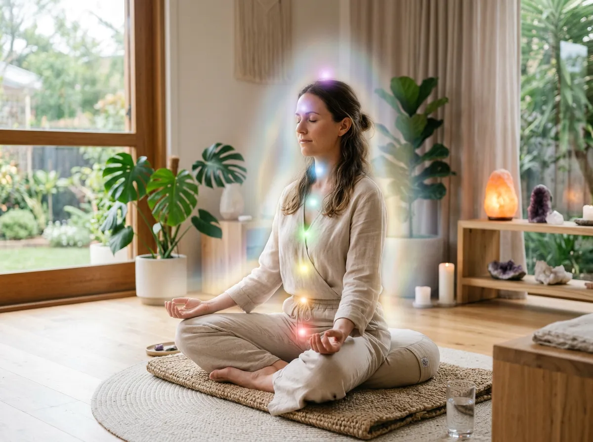 Chakra balancing meditation with subtle energy light points