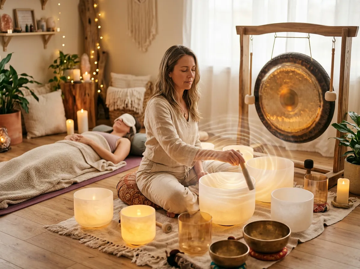 Sound healing with crystal bowls and gong in a calm studio