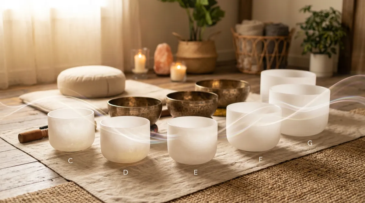 Serene sound healing bowls in warm golden light with subtle luminous wave patterns
