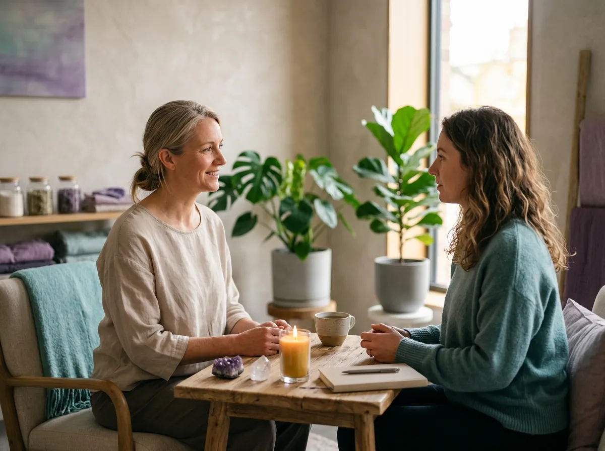 Intuitive guidance consulting session in a calm holistic studio