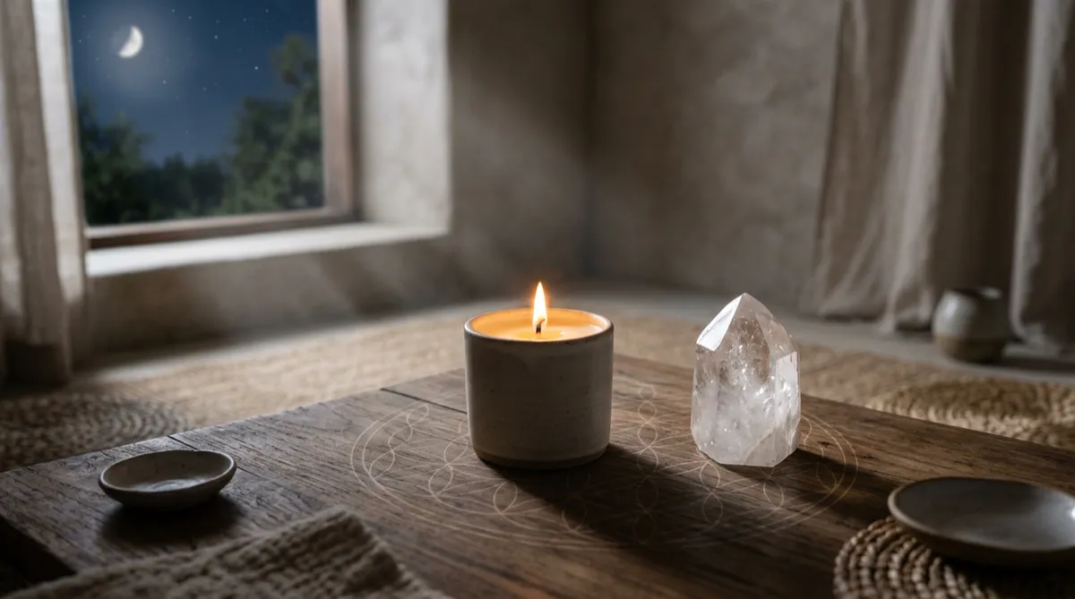 Candle and clear quartz crystal in moonlit calm, suggesting intuitive clarity