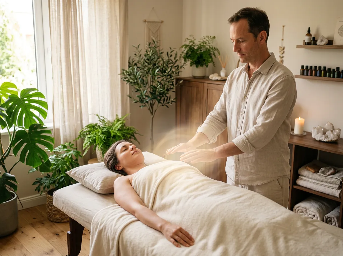Reiki energy healing session in a serene treatment room