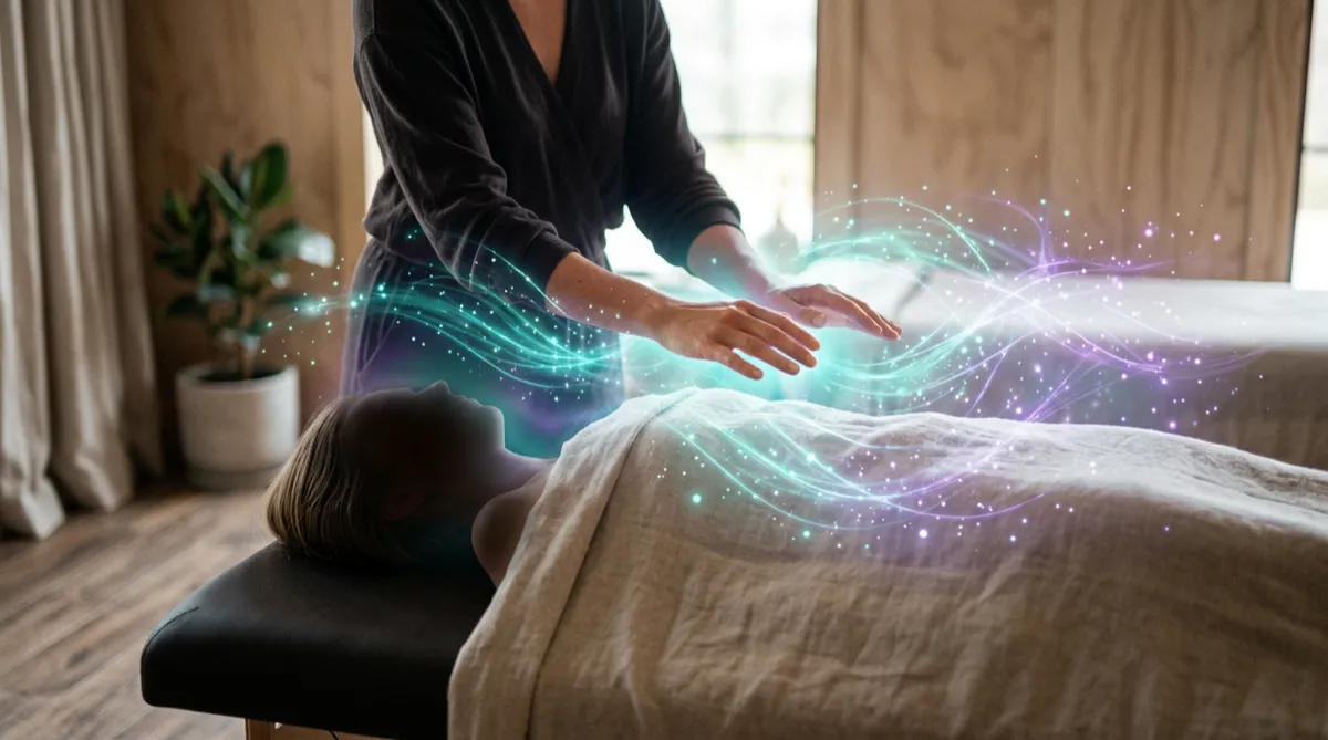 Soft teal and violet aura field with gentle energy threads for energetic harmonization