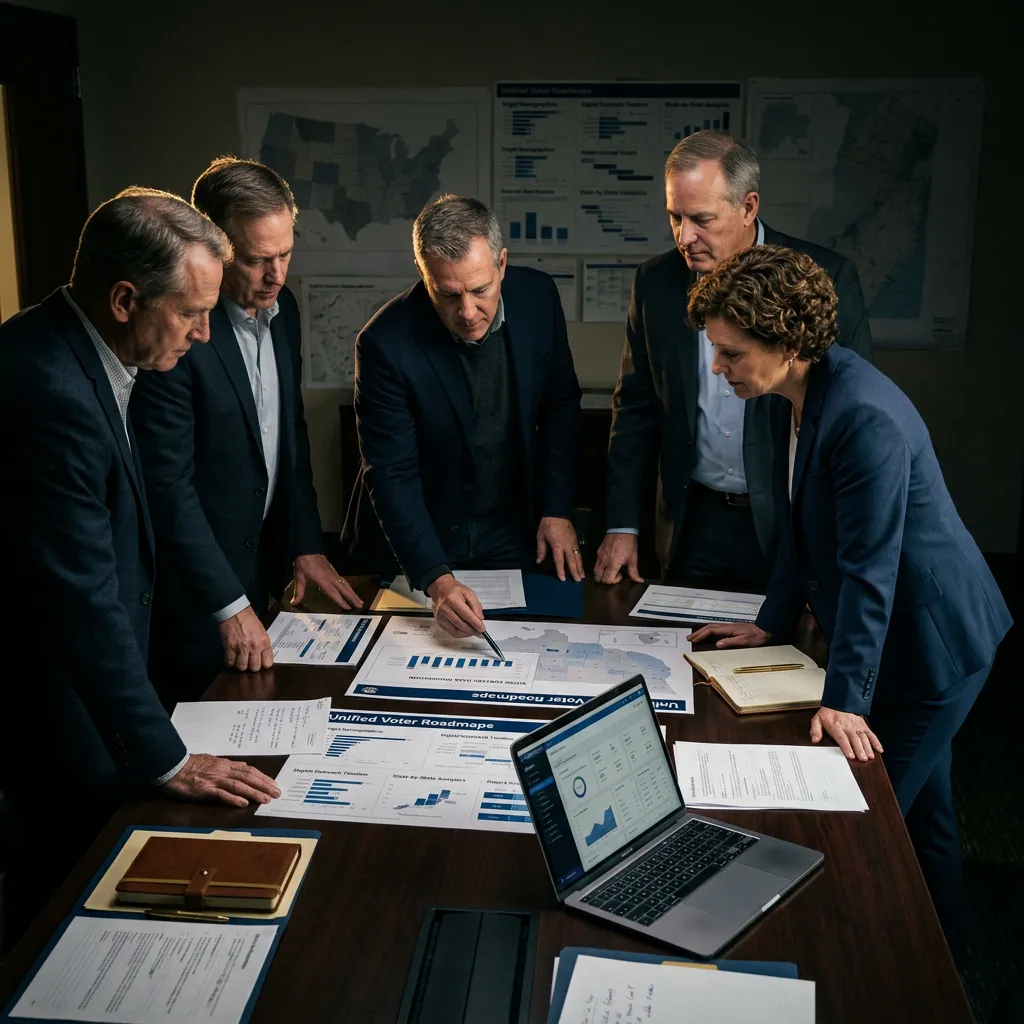Executive campaign war room displaying integrated strategic roadmaps and unified voter contact data
