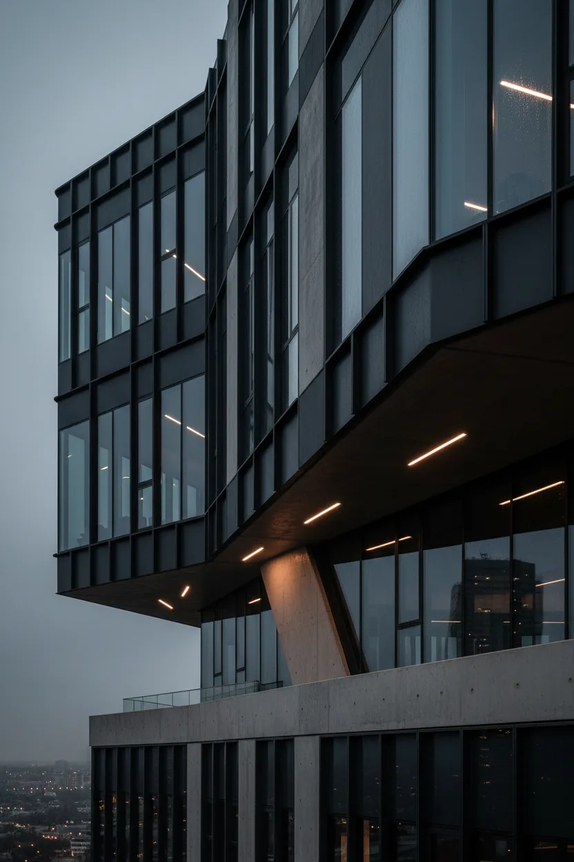 High-resolution architectural close-up of reinforced foundation and urban facades suggesting structural strength