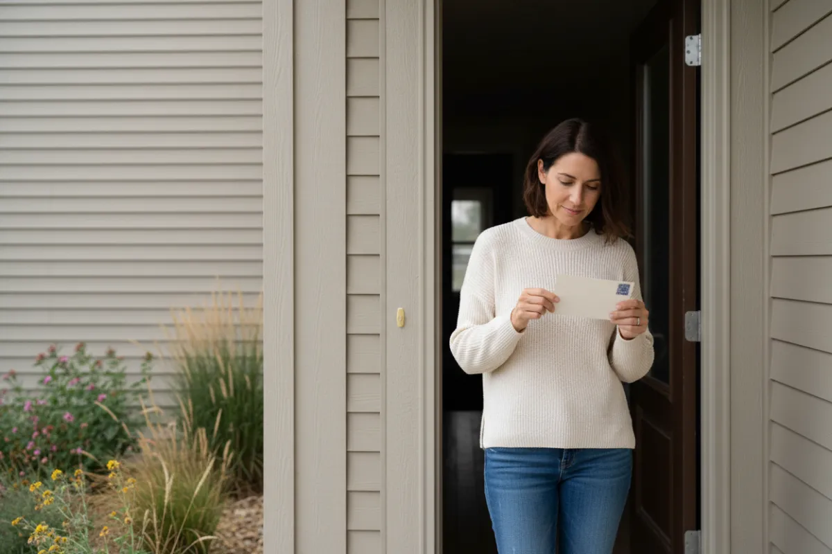 Adult woman standing inside a townhouse entrance examining the back of a postcard with ample white space and a small stamp; daylight prairie townhouse, neutral siding, calm mildly curious expression; observational mood.