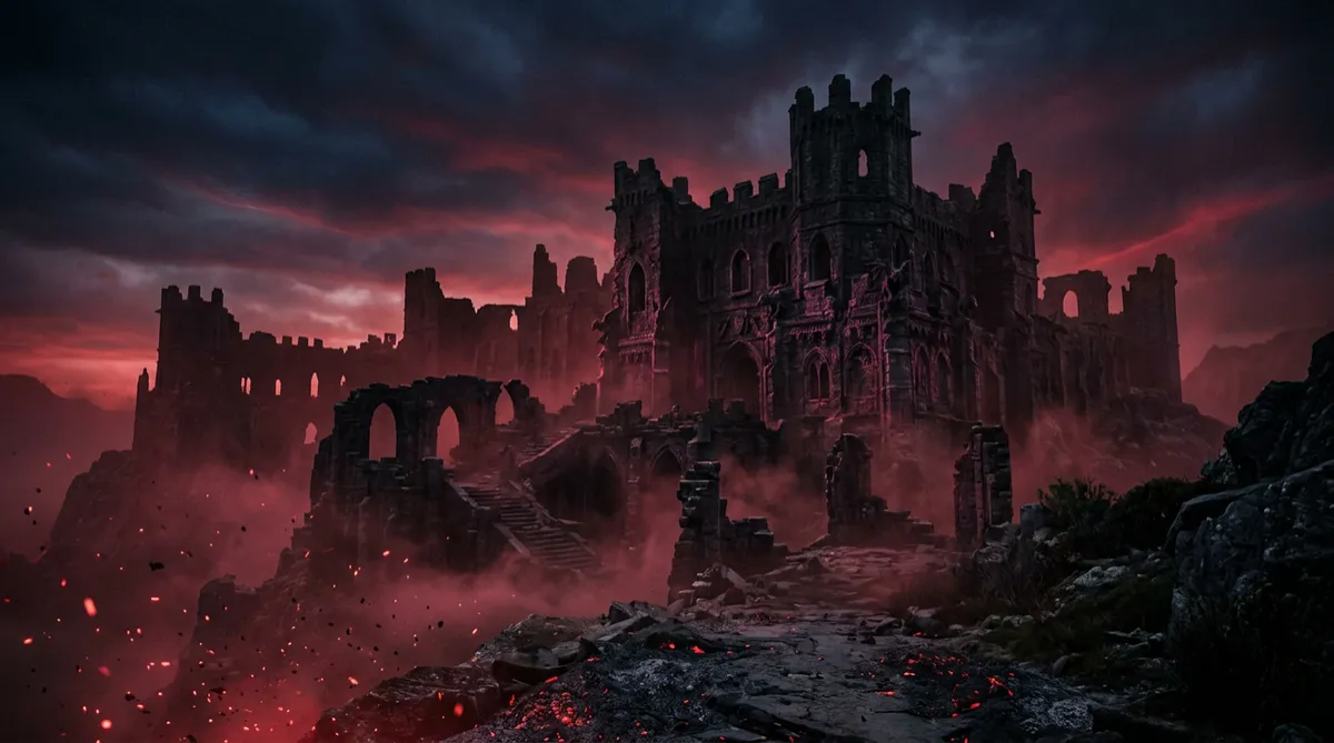 Atmospheric gothic fortress ruins under scarlet mist