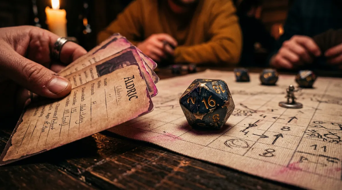 Tabletop Realm showcasing miniature wargaming, sculpted obsidian dice, and tactical grids