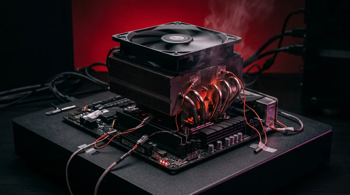 Hardware test bench analyzing high-end thermal dissipation under extreme gaming simulation