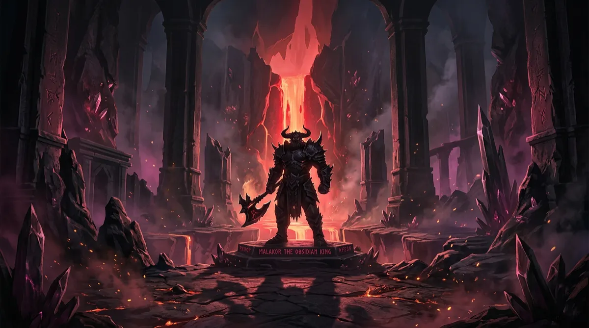 Dark fantasy boss encounter in obsidian chamber