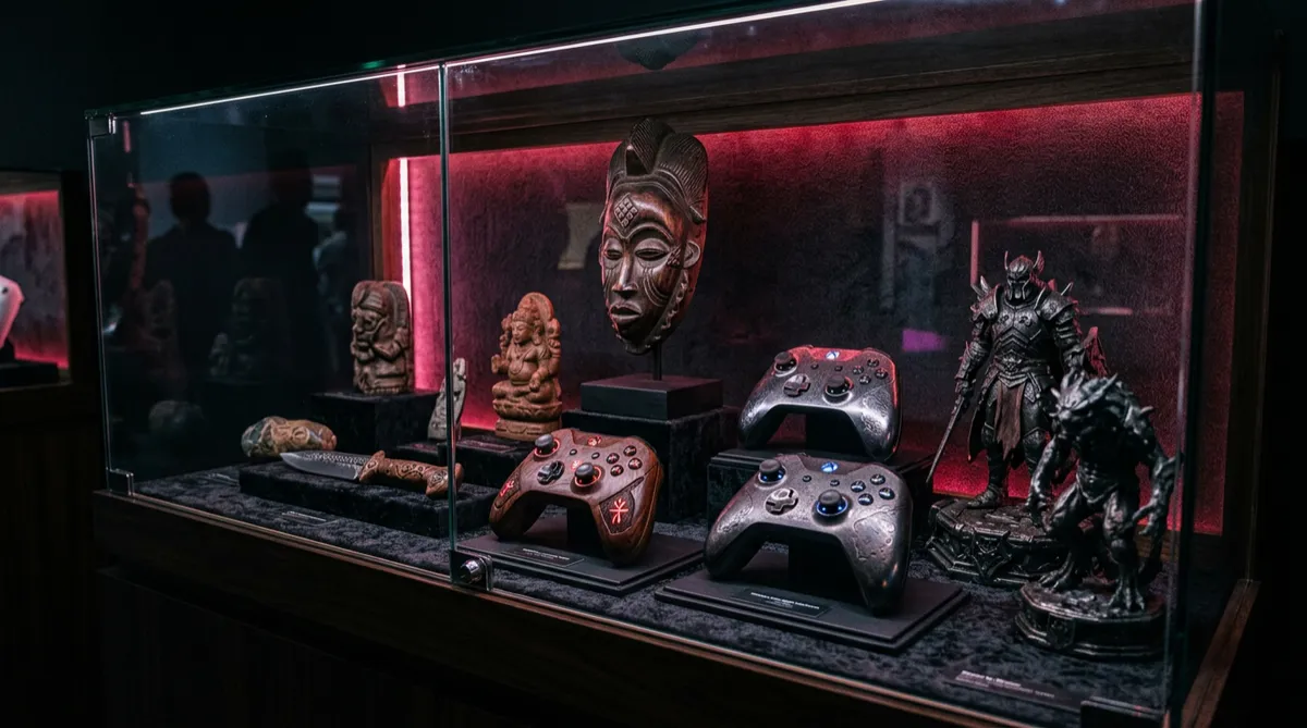 Collectibles and Gear Realm featuring carved artifacts, artisan controllers, and dark metal statues