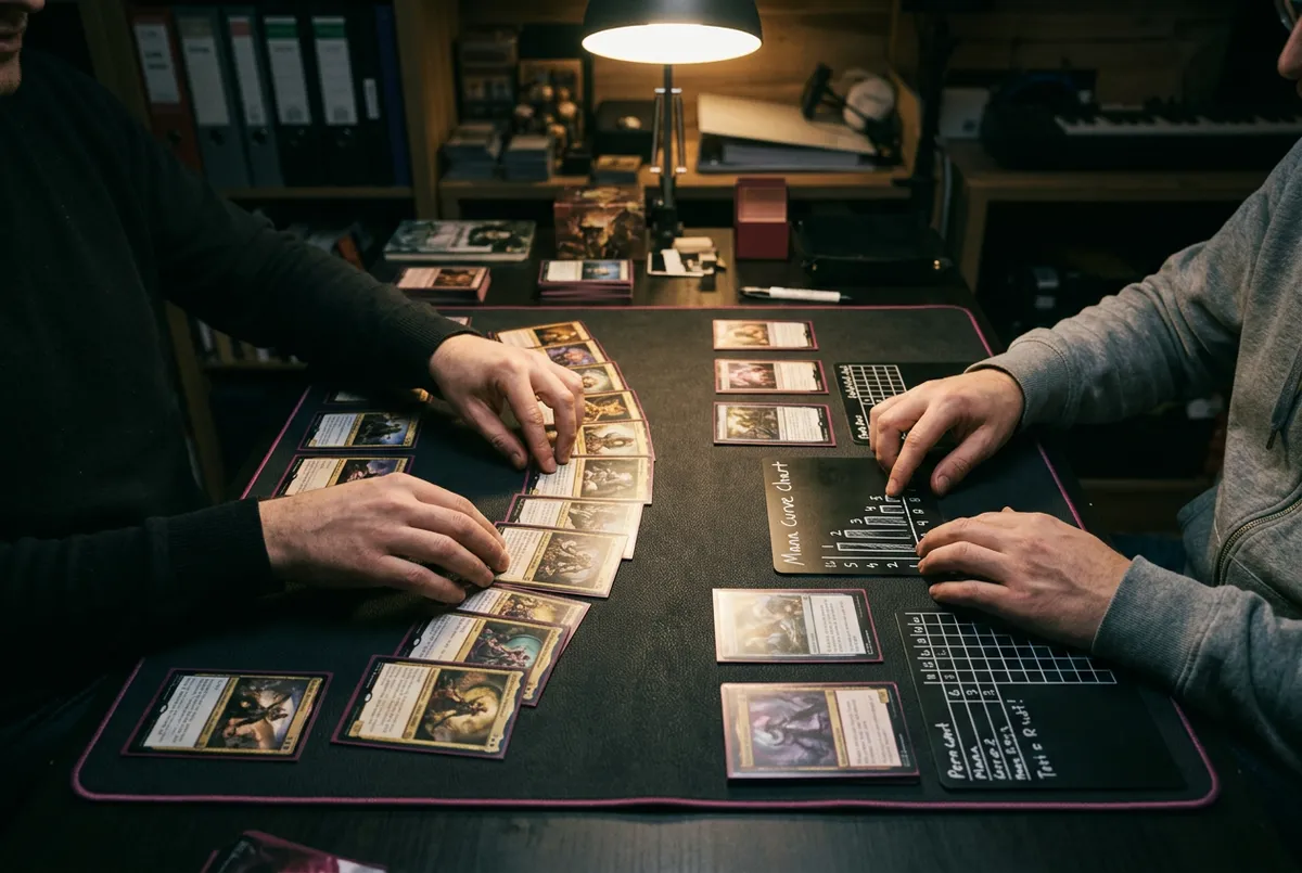 Commander deck laboratory testing with mana curve charts and card spreads