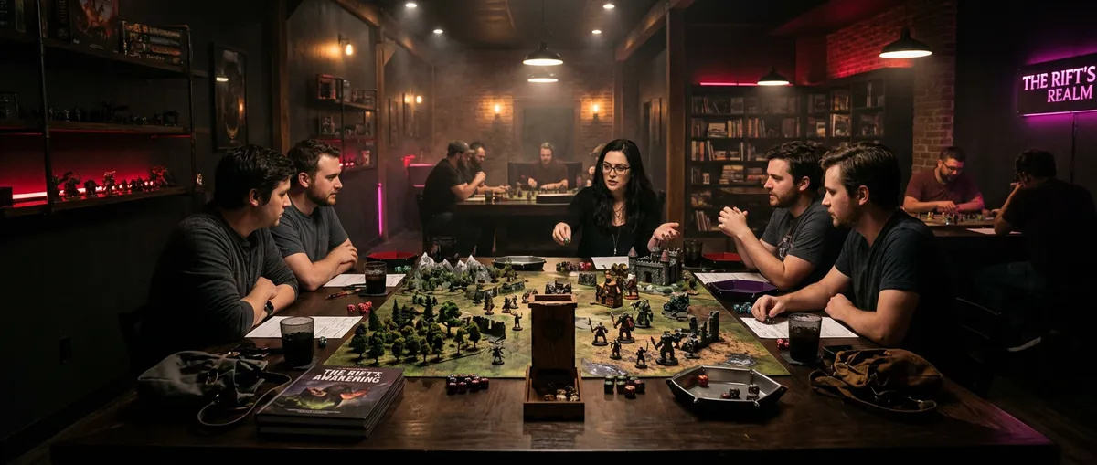 Atmospheric tabletop gaming venue bathed in warm amber lighting and ambient crimson shadows, filled with miniature terrain and players gathered around custom battle maps.