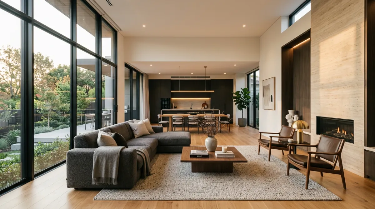 Modern interior living space with large windows, gray patterned rug, and bright yellow modular sofas