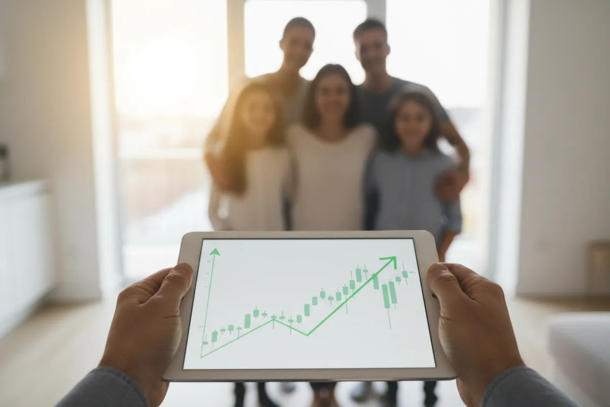 A close-up of hands holding a tablet displaying a rising stock chart, with a blurred family in the background. The image conveys financial growth, technology, and the connection between market performance and family security.