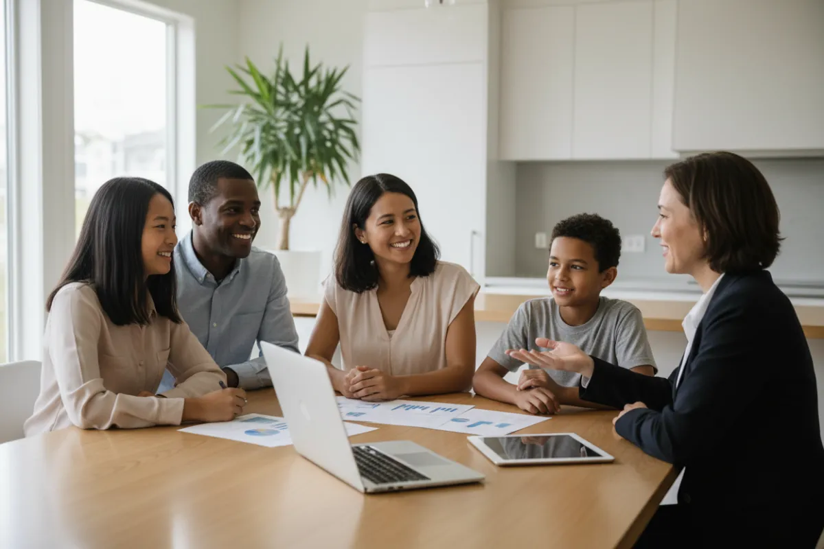 A diverse family of four, including parents and two children, sitting together at a kitchen table, attentively listening to a professional financial consultant. The setting is bright and modern, with documents and a laptop open, conveying trust and engagement.