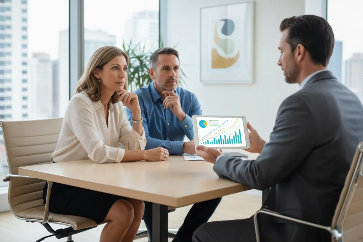 A middle-aged man and woman discussing investment options with a financial advisor in a modern office. Charts and graphs are visible on a tablet, highlighting personalized strategies and active decision-making.