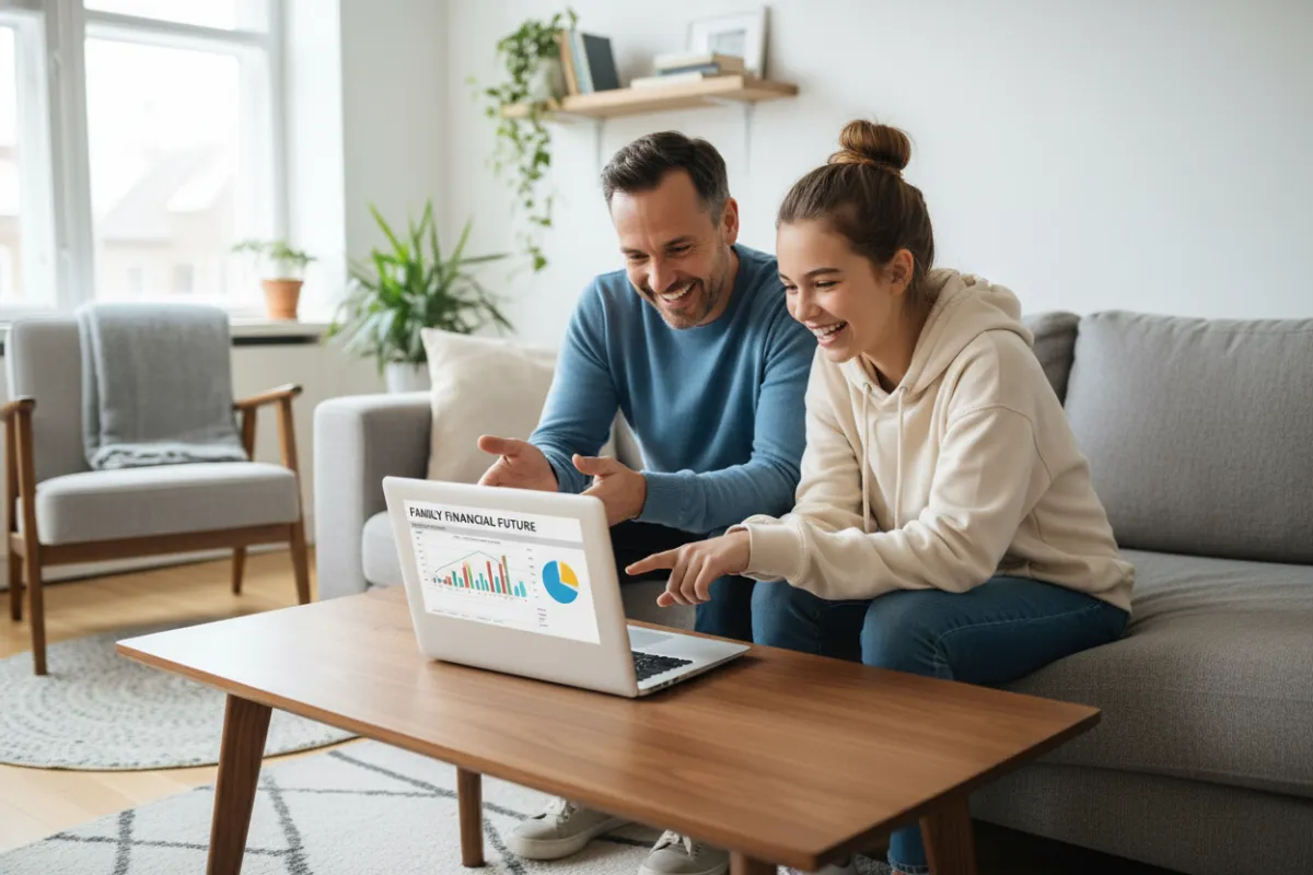A father and teenage daughter working together on a laptop at home, both smiling as they review financial plans. The background shows a tidy, modern living space, emphasizing adaptability and family collaboration.
