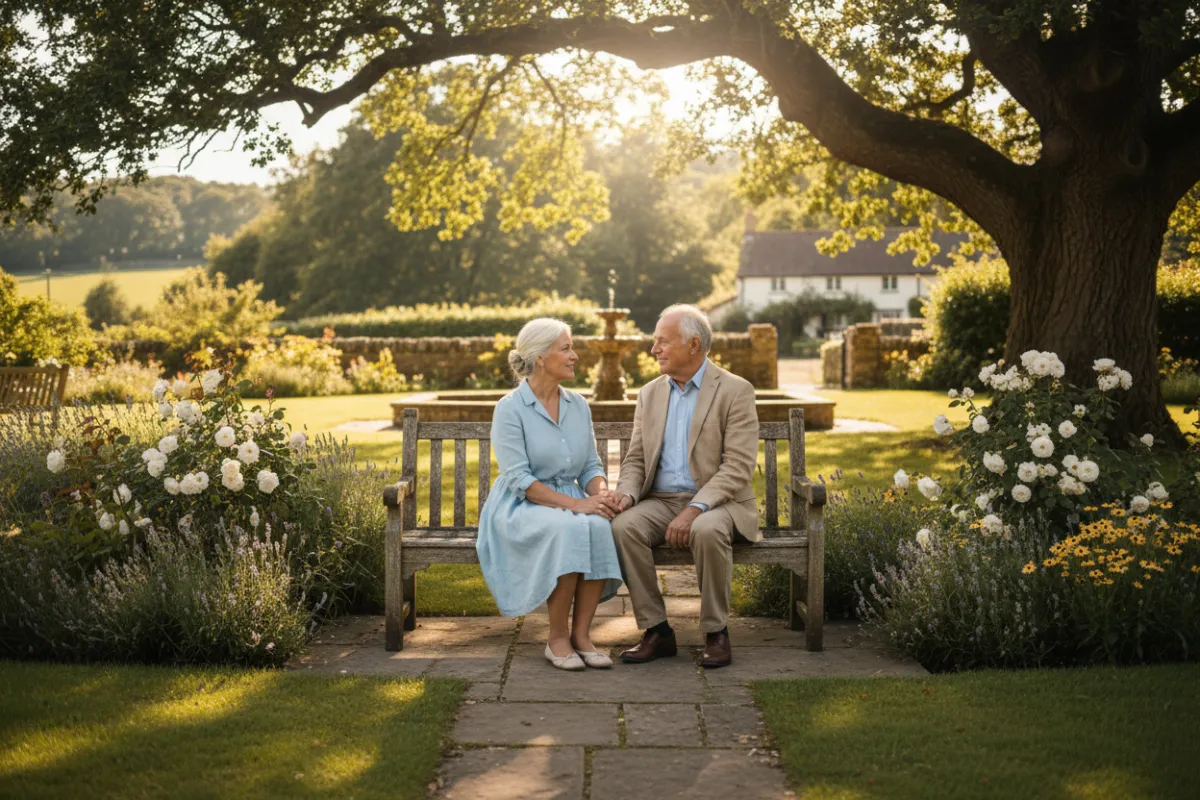 An elderly couple holding hands in a sunlit garden, sharing a quiet, comforting moment. The scene is serene and respectful, symbolizing dignity, care, and the assurance of final expenses being managed.
