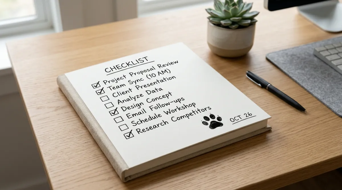 A notebook on a desk with hand-drawn checklist and a paw print stamp.