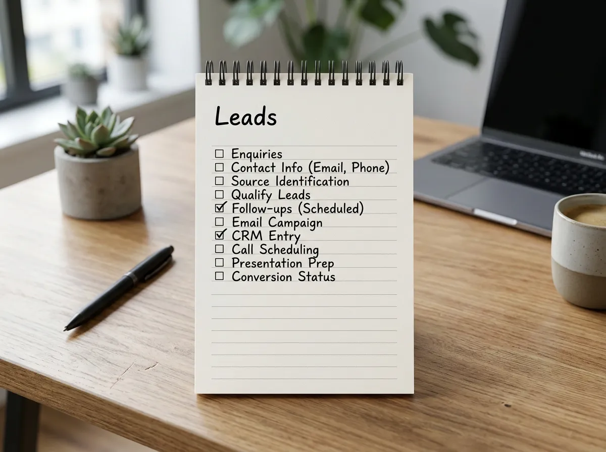 Notepad with 'Leads' written at the top and a checklist of items like 'Enquiries' and 'Follow-ups'.