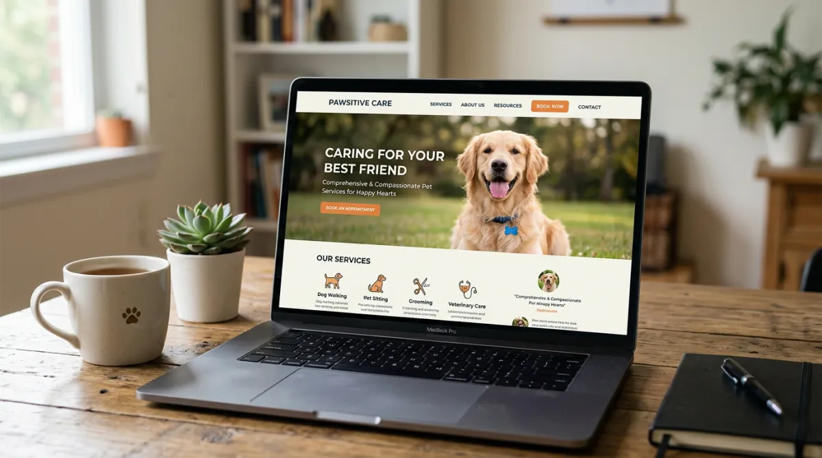 Laptop screen showing a pet care website with a golden retriever photo.