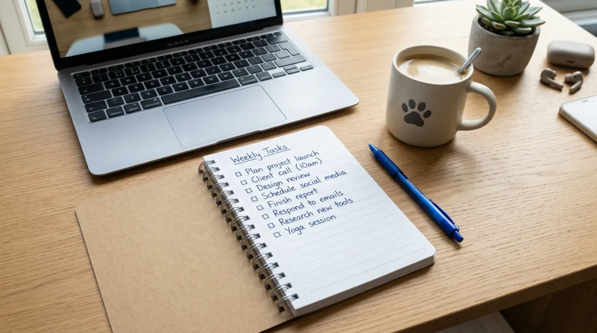 Top-down view of a wooden desk with a spiral notebook listing Weekly Tasks, a blue pen, coffee mug with paw print, and laptop.