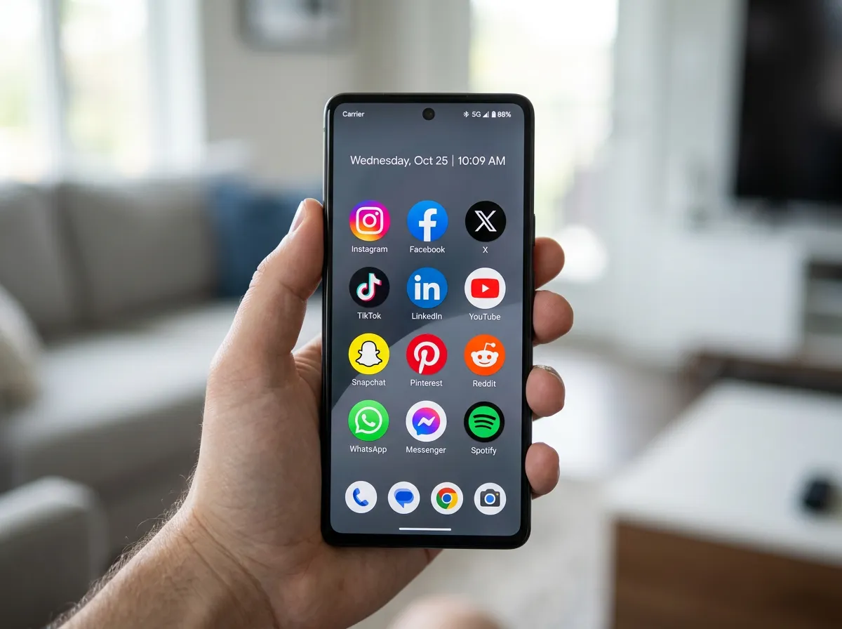 Close-up of a smartphone screen showing various social media app icons like Instagram and Facebook.