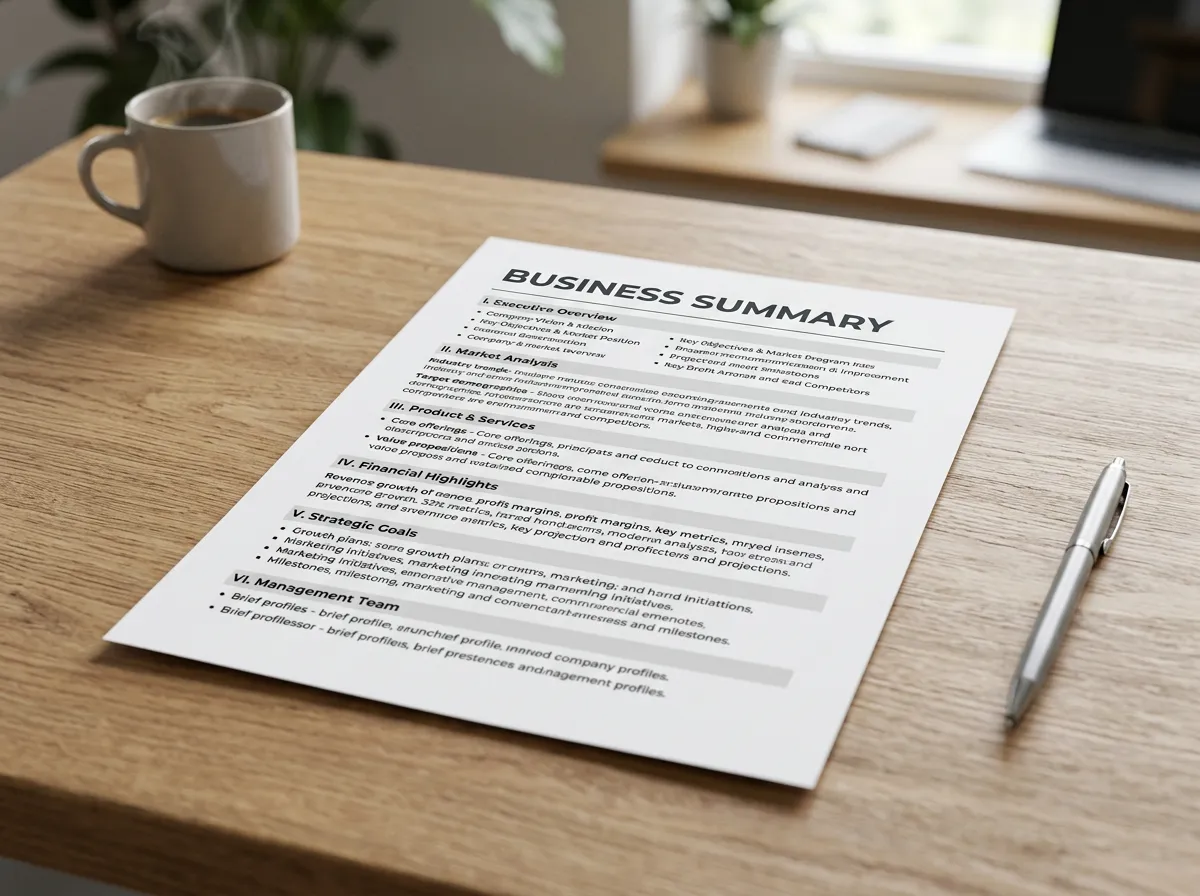 Printed document titled 'Business Summary' on a wooden surface.