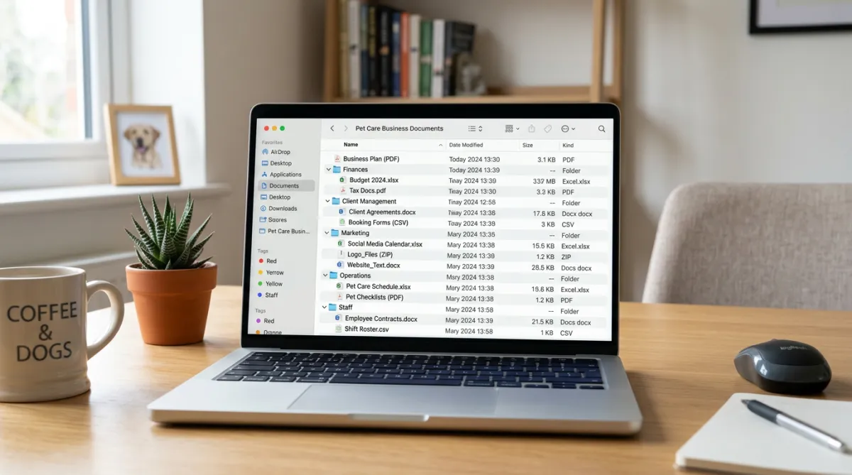 Laptop open on a desk displaying a folder structure named 'Pet Care Business Documents' with various file types listed.