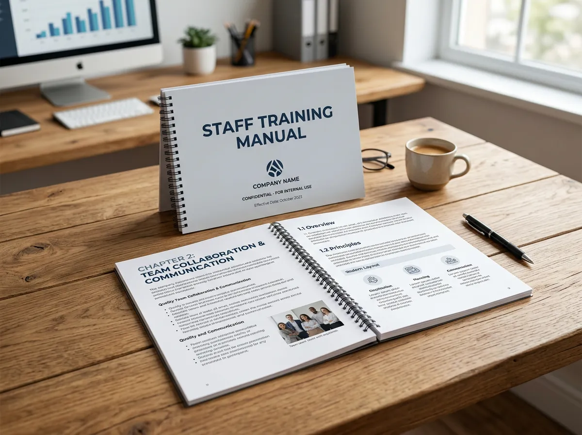 Printed document titled 'Staff Training Manual' on a wooden surface.