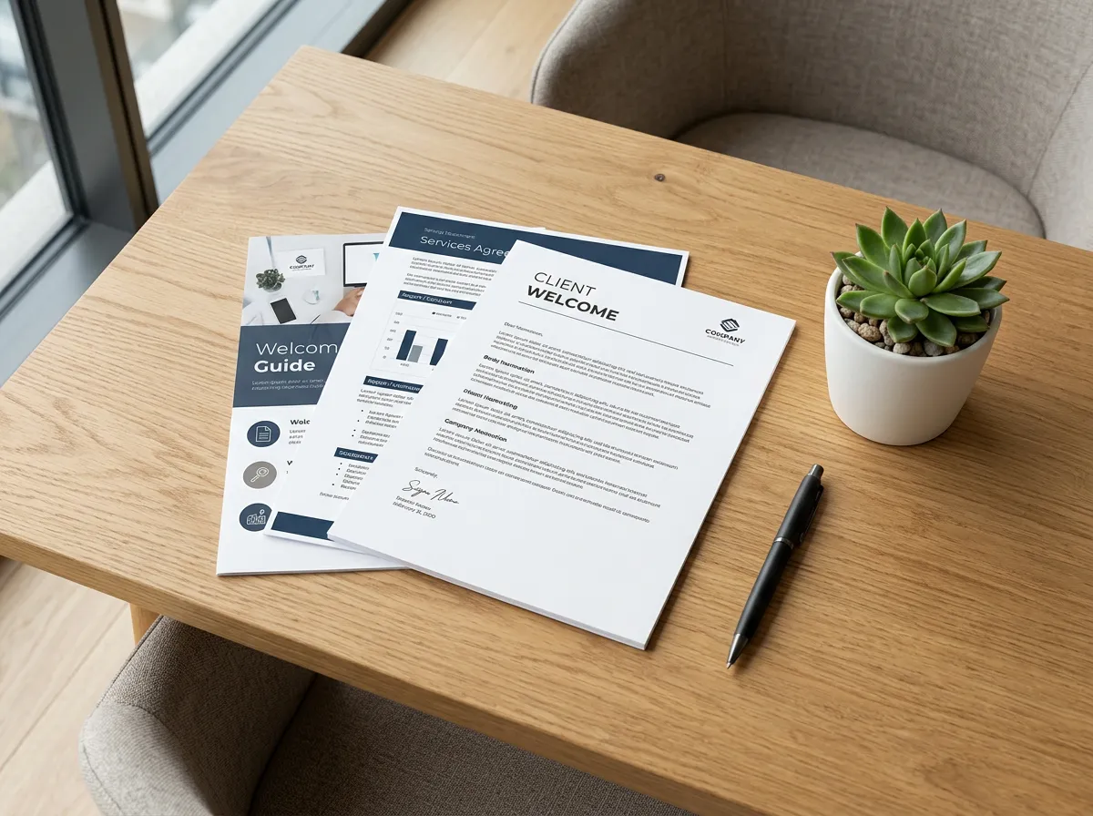 Top-down view of printed business documents, including a 'Client Welcome' letter, on a wooden desk with a small plant and pen.