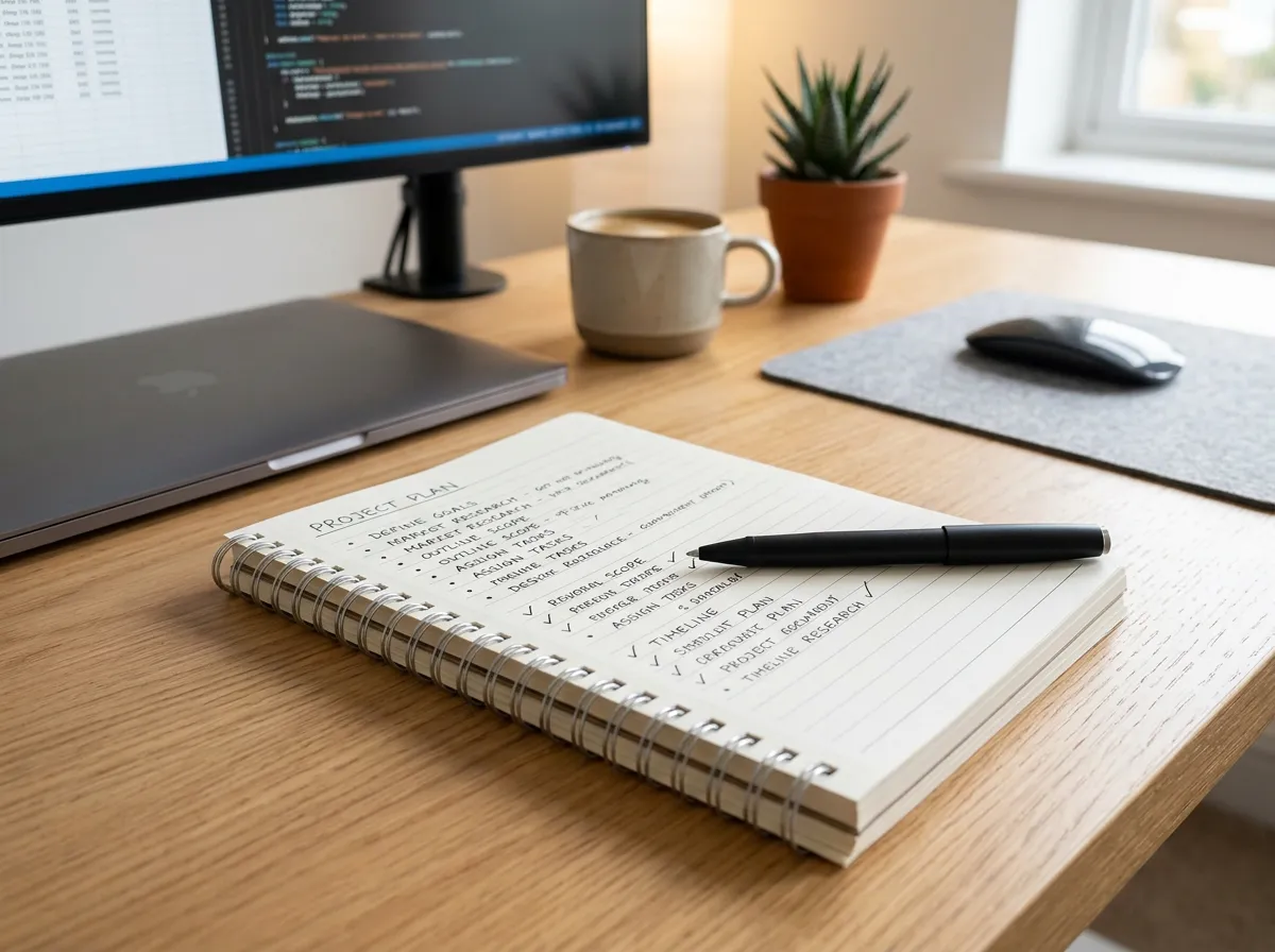Notepad and pen on a desk, seemingly writing out a plan or checklist.
