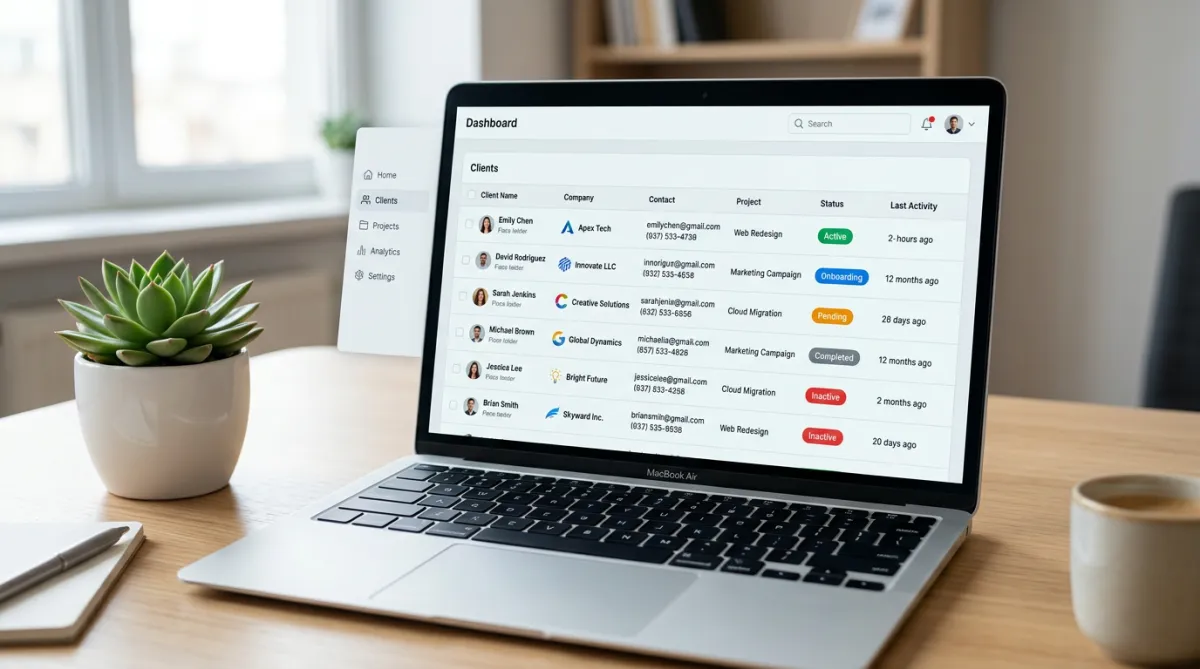 Laptop screen showing a client management dashboard interface with a list of clients and status tags. A potted plant is slightly visible on the left.