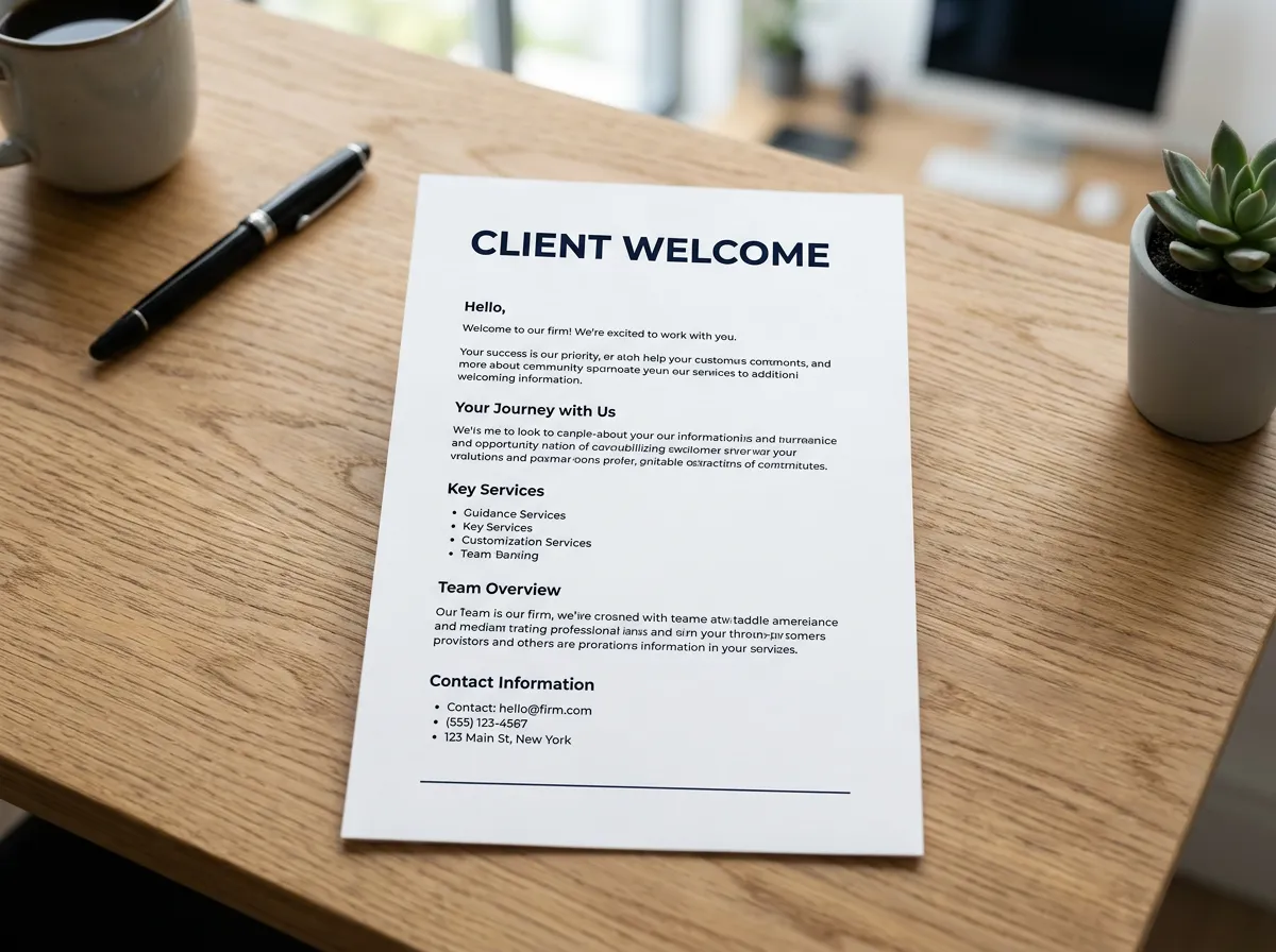 Printed document titled 'Client Welcome' on a wooden surface.